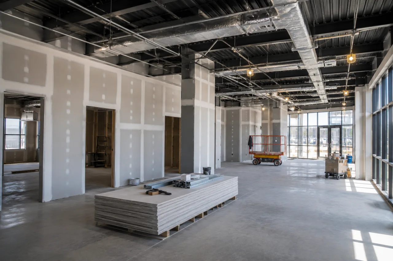 Commercial tenant space mid-build — drywalled partition walls under an open ceiling of exposed ductwork, with a stack of drywall sheets and a scissor lift on site