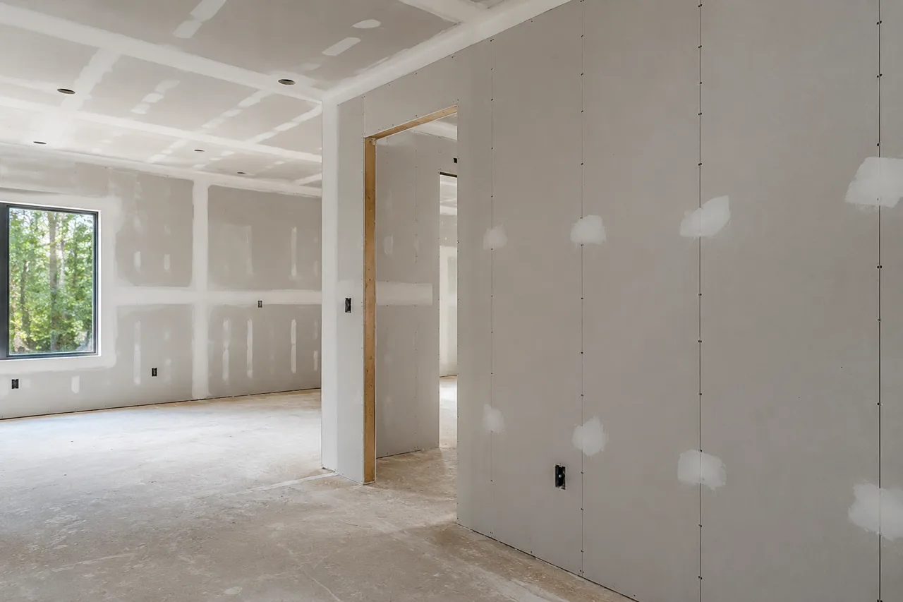 Newly hung drywall in an unfinished room — taped ceiling seams and screw dimples spotted with compound, beside a framed doorway and bare concrete floor
