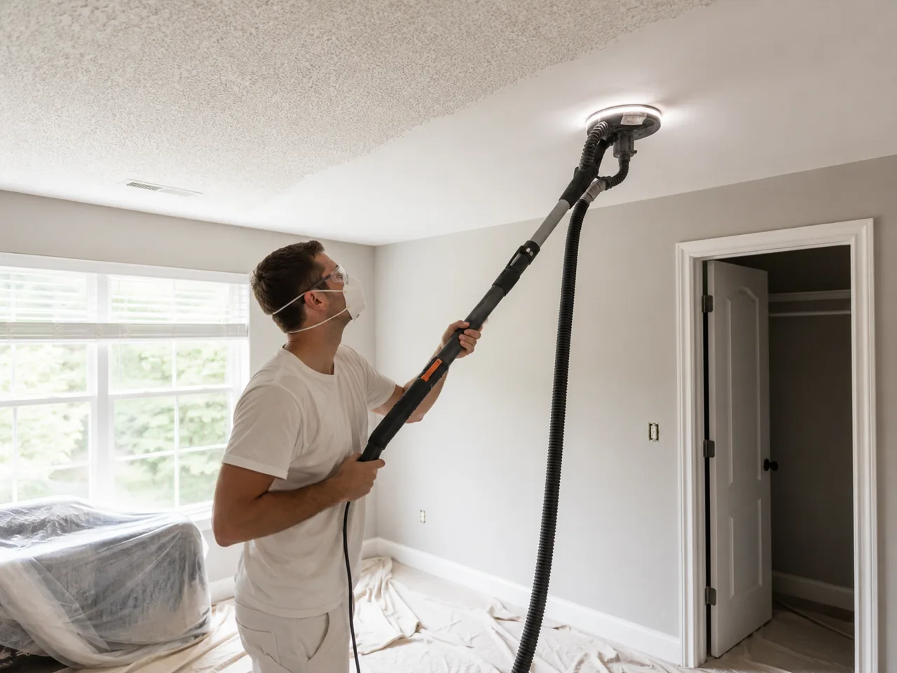 Worker in a dust mask and safety glasses removing a popcorn ceiling with a vacuum-attached pole sander, over furniture wrapped in plastic and floors covered with drop cloths