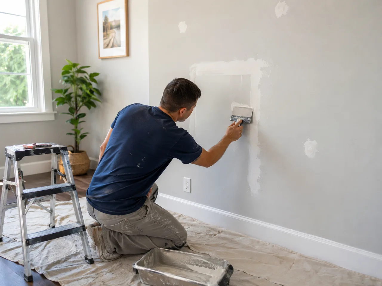 Drywall finisher kneeling on a drop cloth, skimming compound across a patched section of living-room wall