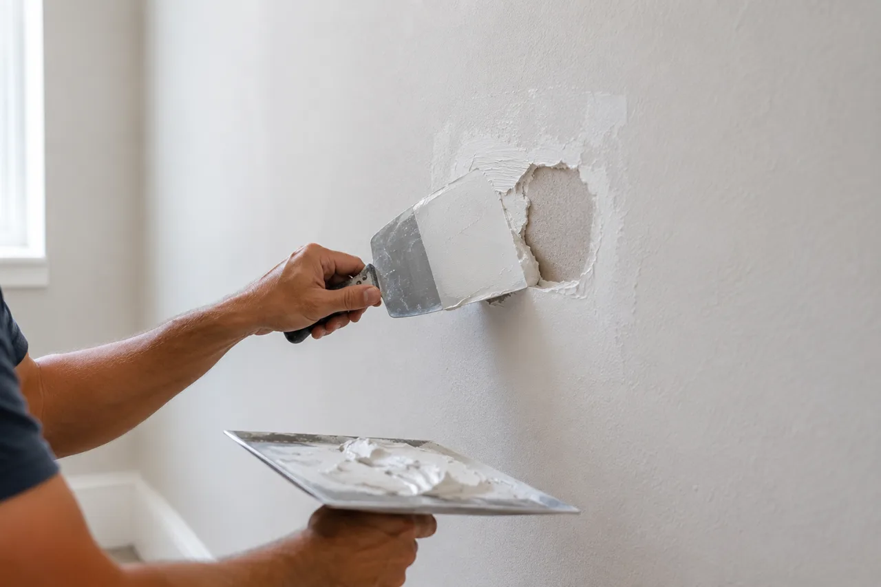 Close-up of a taping knife spreading joint compound over a hole cut into a wall, with a loaded hawk below
