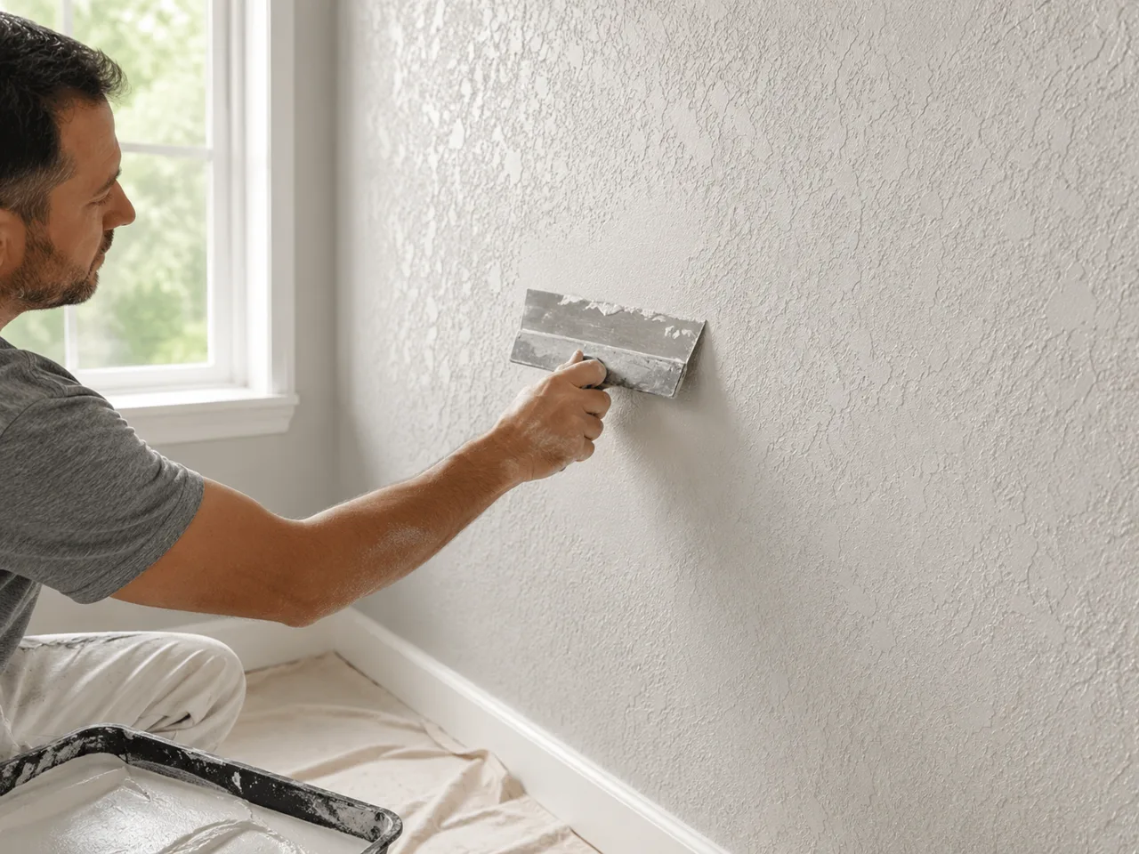 Drywall finisher drawing a wide knife across a wall to work a knockdown texture that matches the surrounding finish